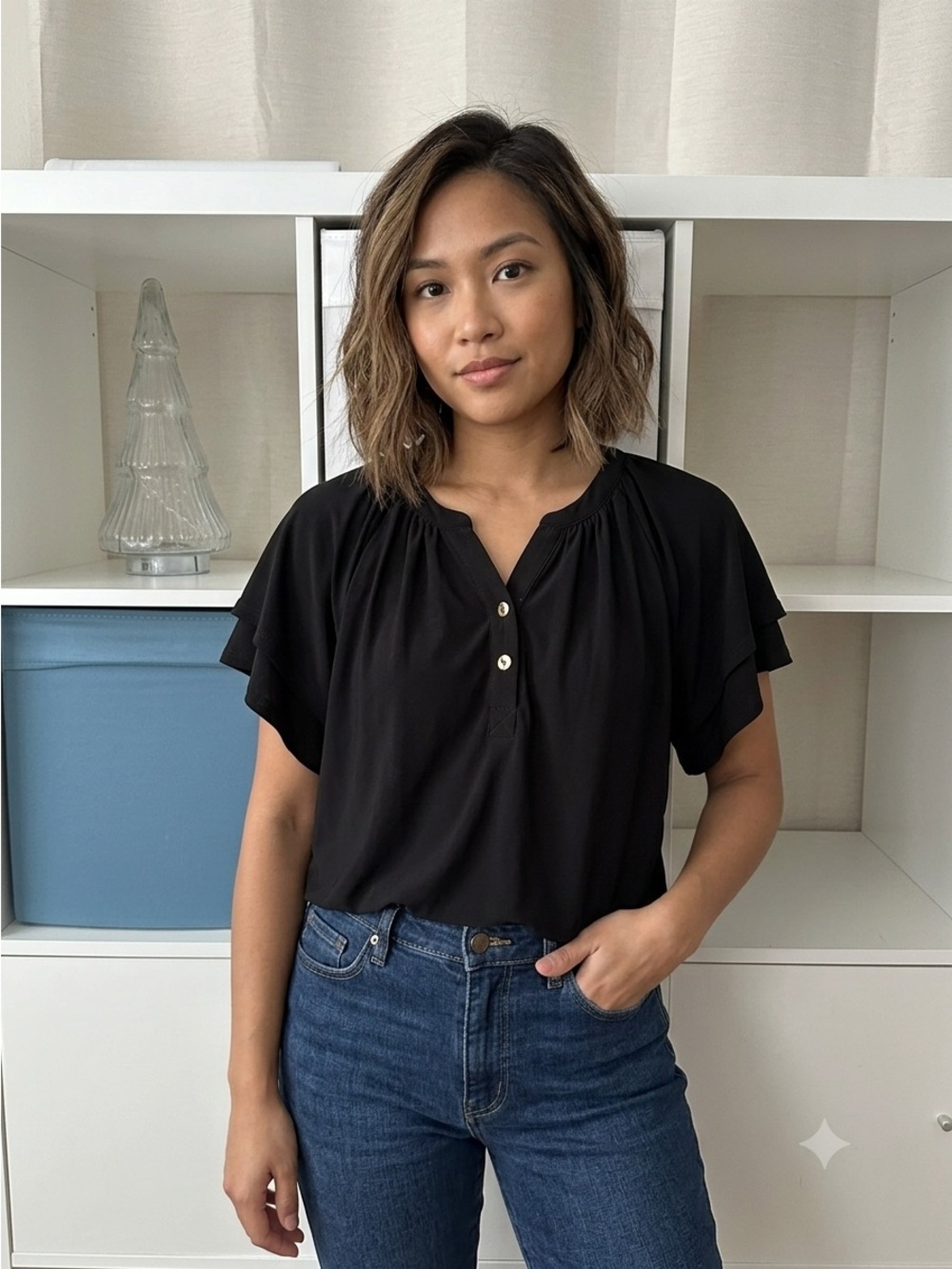 Jones New York Black Flutter-Sleeve Henley Blouse - Women